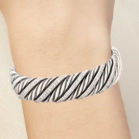 DAVID YURMAN 1.50CTW DIAMOND STERLING SILVER NARROW SCULPTED CABLE CUFF